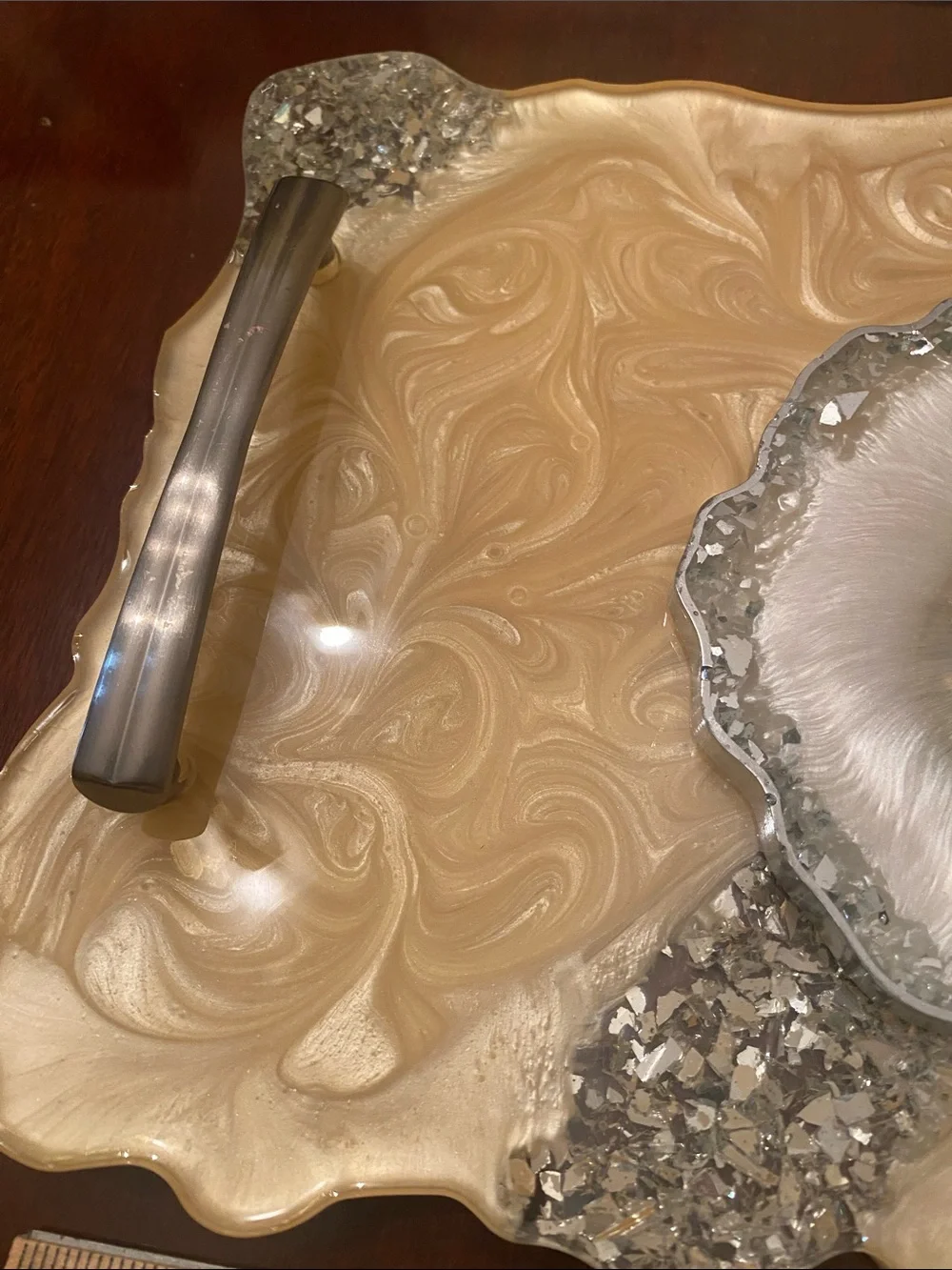 Custom  Unique Handmade  Gold Swirl Vanity Tray with Silver Geode Accent Pewter